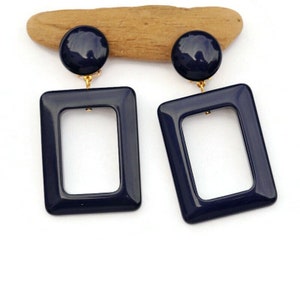 Large Dark Blue Mod Earrings, Clip on / Stud Earrings, Large Geometric Earrings, Hoop Earrings, Dangle Blue Earrings for Non Pierced Ears
