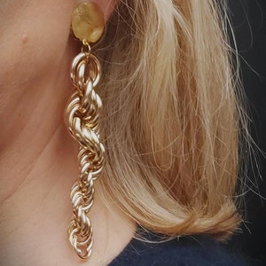 Oversized Abstract Gold Plated Dangle Clip on Earrings, Formal Gold Clip on Earrings, Long Twisted Gold Clip on Earrings, Dressy Clip ons