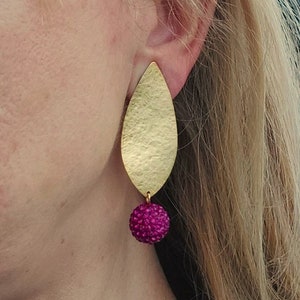 Gold and Pink Crystal Bead Earrings, Clip on Earrings, Pink Wedding Earrings, Gold Hammered Dangle Earrings, Statement Pink Earring