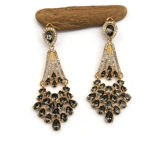 Orecchini Placcati Argento Sterling Con Cristallo Pendente Nero