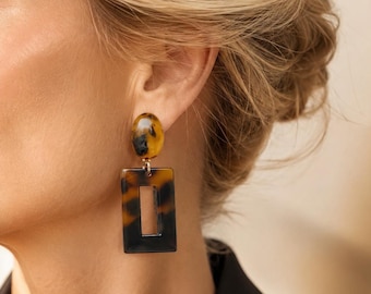 Tortoiseshell Earrings, Clip on Earrings, Brown Geometric Statement Earrings, Non Pierced Earrings, Chic Resin Dangle Earrings