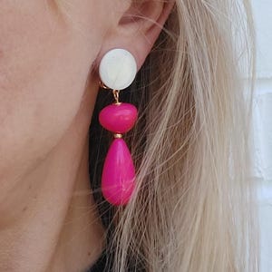 Fuchsia Pink Resin Drop Earrings with Mother-of-Pearl, Clip on Earrings, Boho Chic Summer Statement, Clip-On or Stud Option