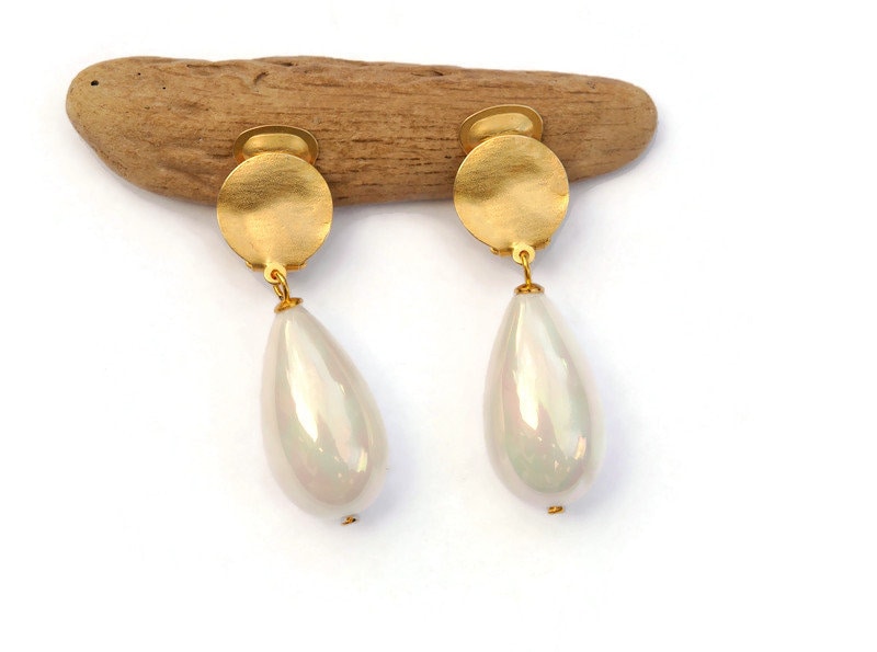 Boucles D'oreilles Clip Anciennes - Or Pâle, Perle Blanche Et Cristaux, Occasion
