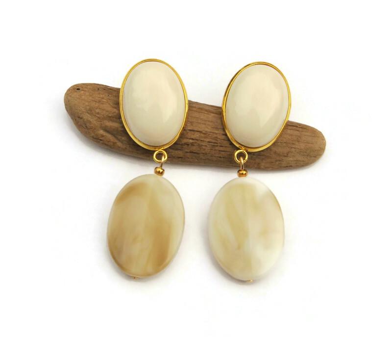 Boucles D'oreilles Vintage En Résine Marbrée Beige - Clips Acier, Style Rétro, Occasion En Bel état