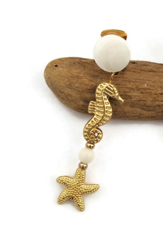 Clips D'oreilles Pendants Vintage - Étoile De Mer Et Hippocampe - Métal Doré
