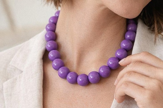 Chunky Purple Beads Statement Necklace, Handmade Necklace, Large