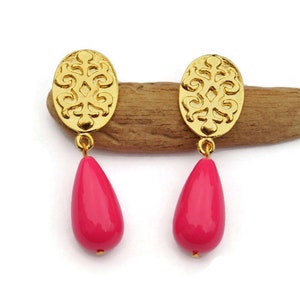 Gorgeous and Chic Hot Pink Resin Teardrop Earrings, Clip on Earrings, Dangle Chunky Fuchsia Earrings For Non Pierced Ears, Gift for her