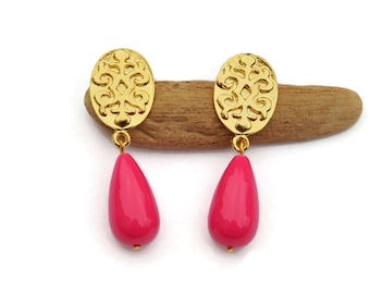 Gorgeous and Chic Hot Pink Resin Teardrop Earrings, Clip on Earrings, Dangle Chunky Fuchsia Earrings For Non Pierced Ears, Gift for her