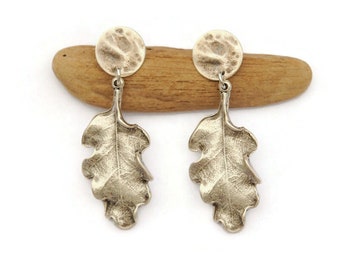 Large Silver Leaf Dangle Earrings, Ethnic Silver Plated Textured, Boho Jewelry For Non Pierced Ears, Nature Bohemian Jewellery Silver