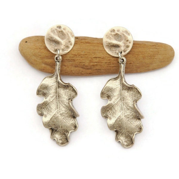 Large Silver Leaf Dangle Earrings, Ethnic Silver Plated Textured, Boho Jewelry For Non Pierced Ears, Nature Bohemian Jewellery Silver