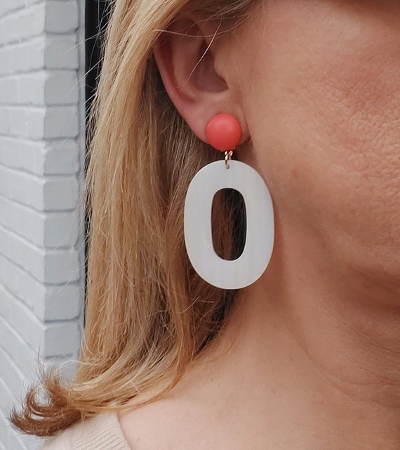 Large Oval Hoop Coral and White Acetate Mod Earrings Clip on Stud Earrings Dangle White Earrings for Women Non Pierced Ears Etsy