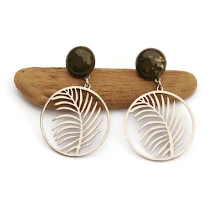 Statement Silver and Green Drop Earrings, Silver Dangling Filigree, Clip on Earrings, Stainless Steel Abstract Earrings for Non Pierced Ears
