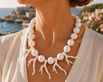 White Coral Statement Necklace, Coastal Chic Jewelry, Elegant White Necklace for Women, Beach Wedding Jewelry Gift, Resort Style