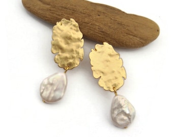 Big Baroque Pearl Drop Earrings, Clip on Earrings, Large Natural White Freshwater Pearl, Bridesmaid Gift, Fashion Pearl Dangle Earrings