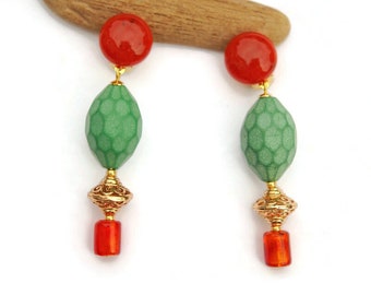 Large Dangle Green and Orange Statement Earrings, Non Pierced Earrings, Clip Drop Earrings, Unique Jewelry For Her Non Pierced Ears