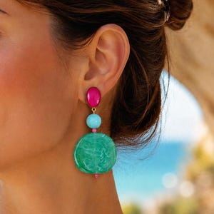 Colorful Statement Earrings, Clip on Earrings, Turquoise Orange & Green Marbled Resin Earrings,Large  Lightweight Retro Chic Dangle Earrings