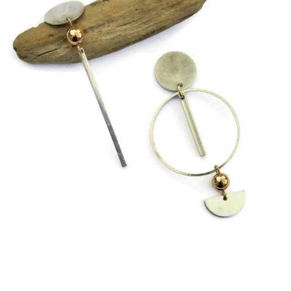 Silver and rose gold asymmetrical earrings Clip on earrings Mismatched earrings Asymmetric earrings Long stick earrings Dangling earrings