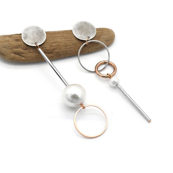 Silver and Rose Gold Asymmetrical Earrings, Stud/ Clip on earrings Dangle, For Pierced or not Pierced Ears