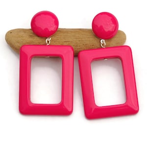 Large Hot Pink Mod Earrings, Clip on / Stud Earrings, Large Geometric Earrings, Hoop Earrings, Dangle Fuchsia Earrings for Non Pierced Ears