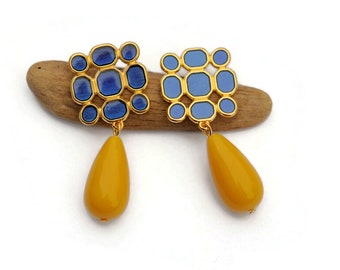 Modern Baroque Style Large Bleu and Yellow Drop Clip on Earrings, Yellow Teardrop Clip on Earrings, Dangle Blue and Yellow Statement Earring