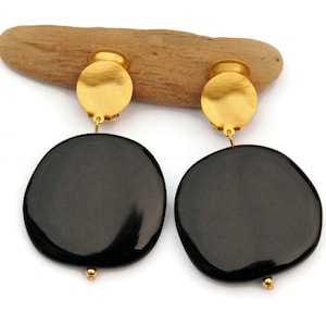 Gold and Black Earrings, Clip on Earrings, Black Resin Drop Earrings, Mod Earrings for Non Pierced Ears, Dangle Black Drop Earrings