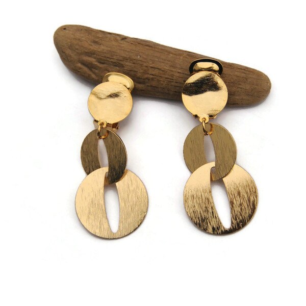 Boucles d'oreilles clips pendantes avec maillon en métal doré, Clip d'oreille en métal doré à l'or fin, Boucles maillons, Cadeau pour elle