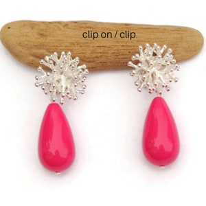 Hot Pink and Silver Plated Coral Branch Teardrop Earrings, Clip on Mod Earrings, Statement Earrings, Chic Dangle Earrings Non Pierced Ears
