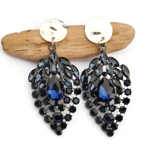 Navy Blue Crystal Chandelier Earrings, Formal Clip on Earrings, Rhinestone Blue, Dangle Pageant Earrings, Navy Blue Bridesmaid Earrings