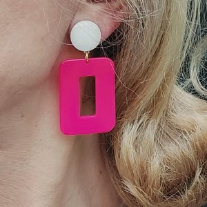 Large Hot Pink and MOP Mod Earrings, Clip on / Stud Earrings, Large Geometric Earrings, Hoop Earrings, Dangle Earrings for Non Pierced Ears