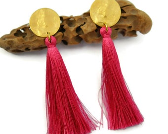 Fuchsia tassel earrings, Clip on earrings, For women, Fringe drop earrings, Matt gold, Boho jewels, Boho wedding, Statement jewelry, UD11