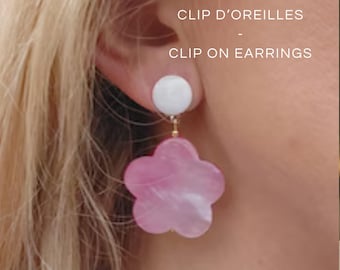 Pink Flower Clip On Earrings, Elegant Non Pierced Floral Drop Earrings