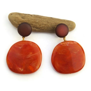 Orange and Burgundy Resin Statement Earrings, Clip on Earrings, Orange Acrylic Drop Earrings, Mod Earrings Non Pierced Ears, 60s Earrings
