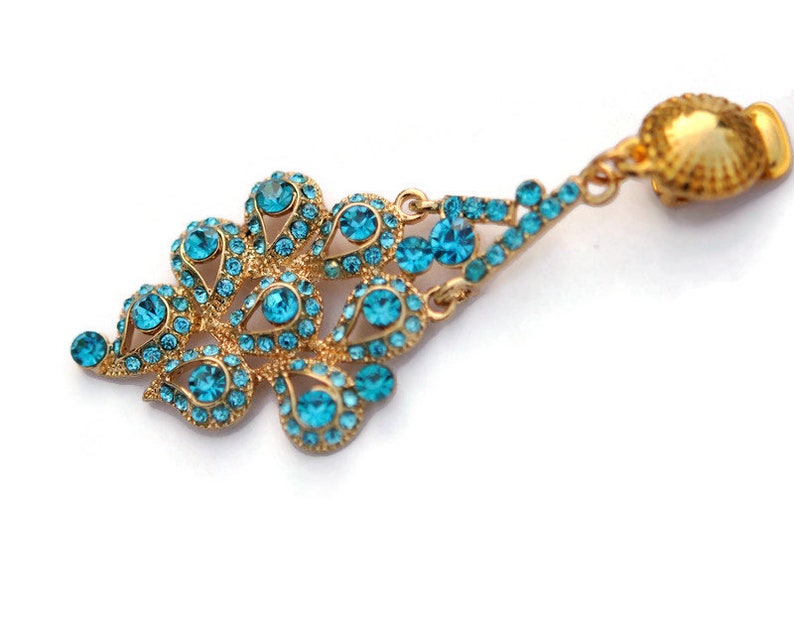 Boucles d'oreilles clips pendantes en cristal turquoise, Clips d