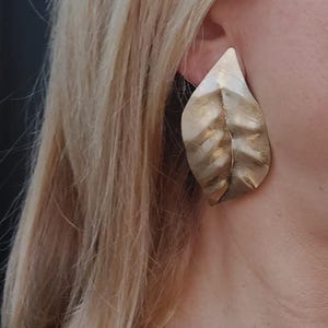 Large Gold Leaf Clip on Earrings, Gold Modern Clip on Earrings, For Not Pierced Ears, Gold Clip ons, Leaf Large Clip on Earrings