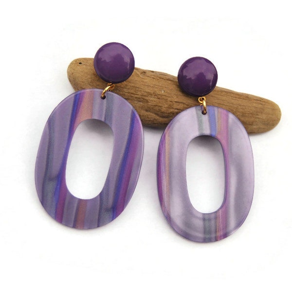 Grandes boucles d'oreilles pendantes en acrylique violet, Boucles d'oreilles clip / clou, Boucles d'oreilles mode style vintage pour femme