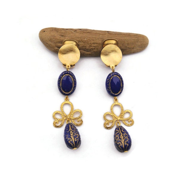 Boucles d'oreilles clips pendantes bleues et dorées de style vintage, Clip d'oreilles bleus bohème vintage pour femme, Cadeau pour elle