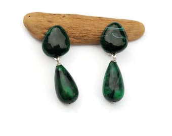 Green Resin Teardrop Clip on Earrings, Vintage Style Green Clip on Earrings, Green Drop Clip on Earrings For Non Pierced Eears