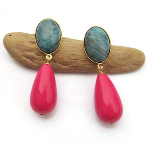 Faux Blue Stone and Hot Pink Teardrop Earrings, Clip on Earrings, Chic & Colorful Vintage Style Earrings, Bold Drop Earrings