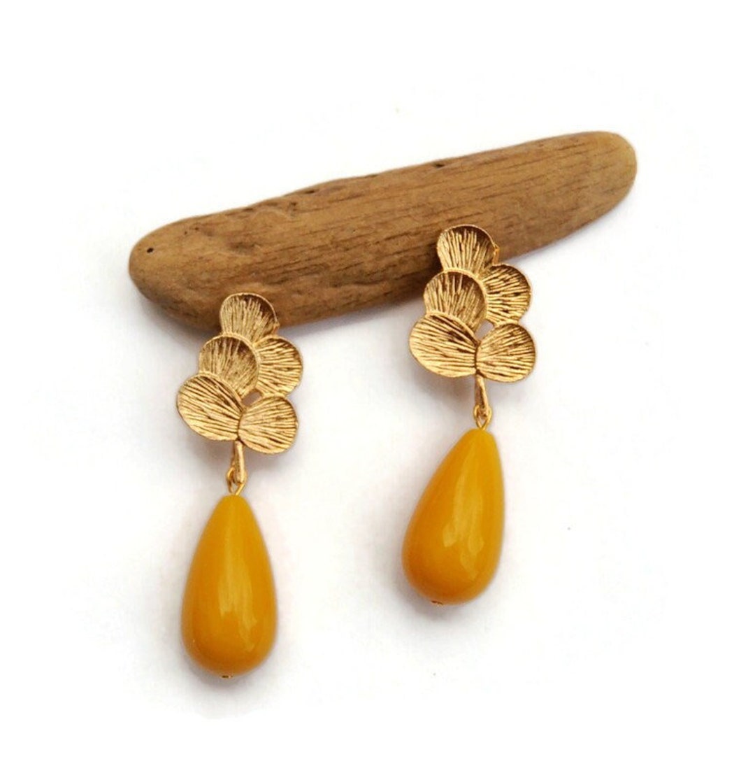 Thread Earring Yellow Yellow and Gold Teardrop Earrings, Clip on Earrings, Statement Yellow ...