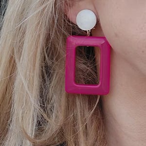 Large Hot Pink and MOP Mod Earrings, Clip on / Stud Earrings, Large Geometric Earrings, Hoop Earrings, Dangle Earrings for Non Pierced Ears