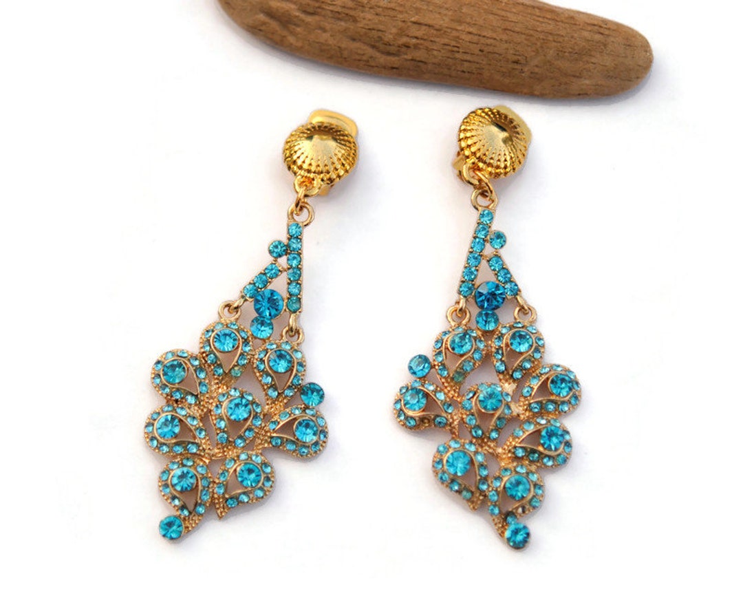 Boucles d'oreilles clips pendantes en cristal turquoise, Clips d