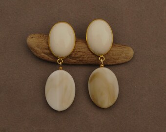 Boucles D'oreilles Vintage à Clips - Or Et émail Beige - Modèle Classique Rétro *3754