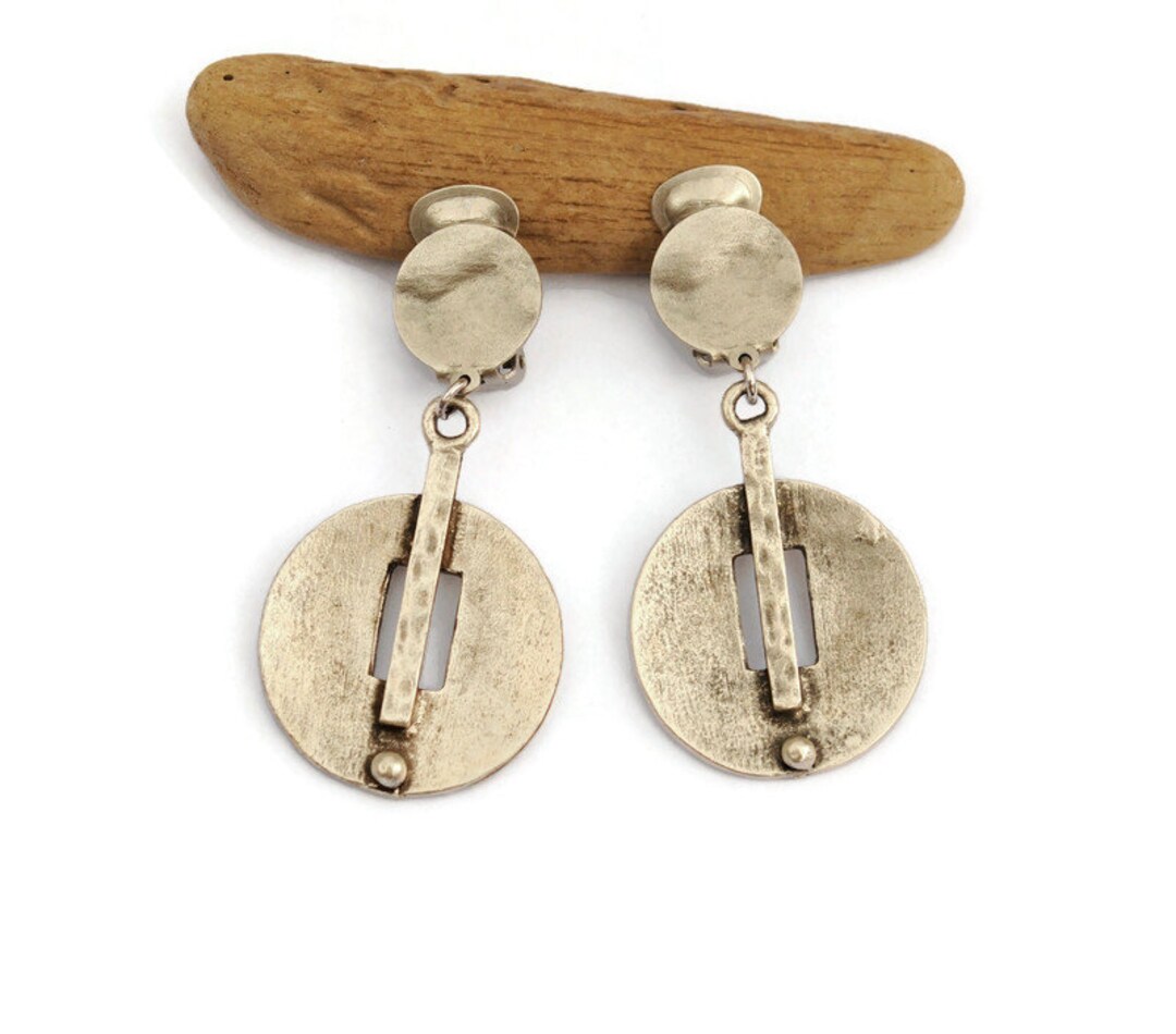 Large Silver Dangle Clip on Earrings, Ethnic Silver Plated Textured