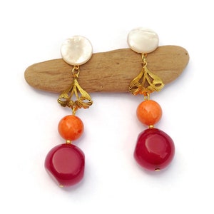 Long Dangle Orange and Pink Earrings, Clip on Earrings, Statement Earrings, Statement Drop Earrings, Gift For Her, Bridesmaids Pink Earrings
