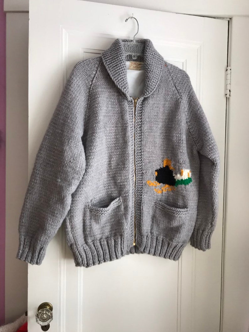 SNOWMOBILE sweater UNIQUE ! hand knit men/'s large cardigan