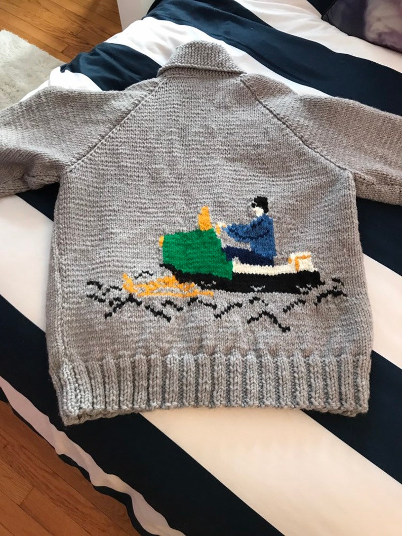 SNOWMOBILE sweater UNIQUE ! hand knit men/'s large cardigan