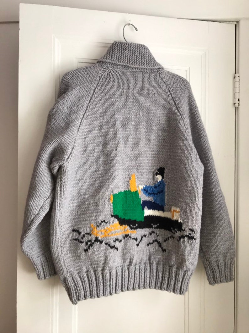 SNOWMOBILE sweater UNIQUE ! hand knit men/'s large cardigan