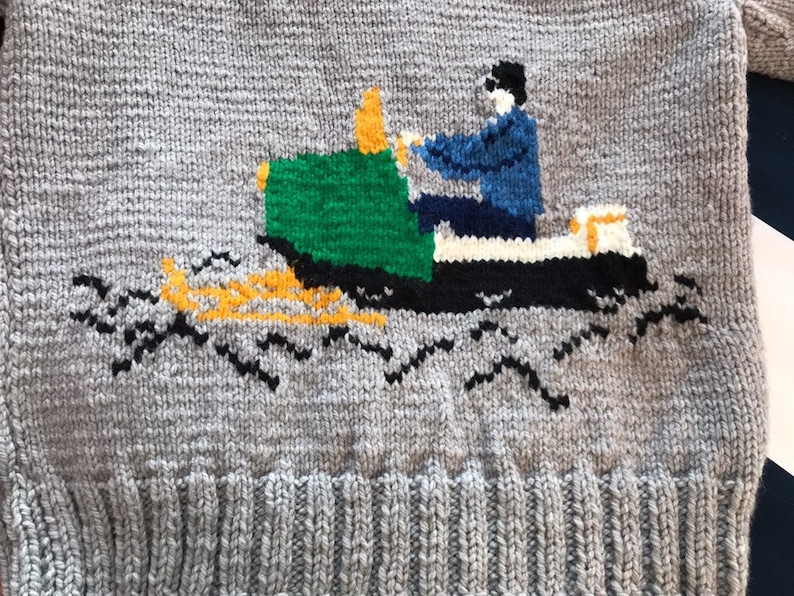 SNOWMOBILE sweater UNIQUE ! hand knit men/'s large cardigan