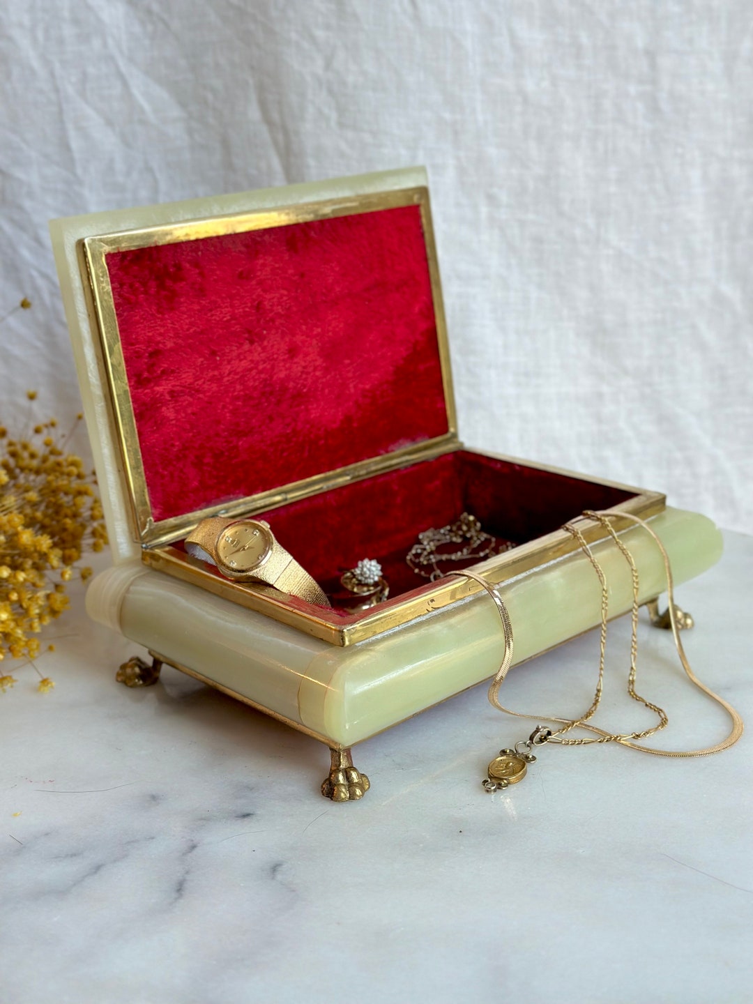 Vintage Gold Brass Footed Jade Alabaster Jewelry Box Green Etsy