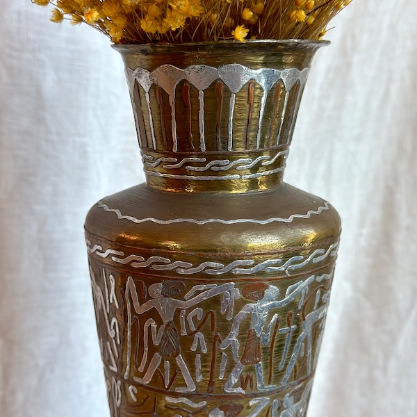 Egyptian Cairo Ware Large Brass Vase with Copper and Silver Inlay Mameluke Revival Style Flower Vase with Anciant Egyptian Figures MCM
